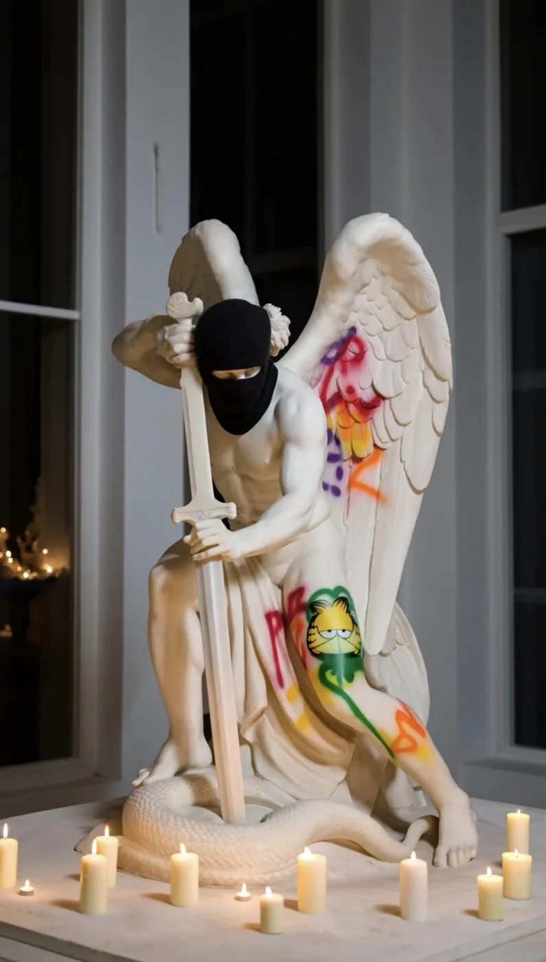 Masked marble angel holding a sword, covered in handwritten marks